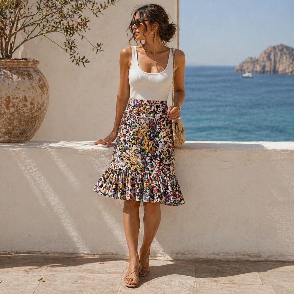 VTG Anthropologie Edme & Esyllte Floral Ruffle Hem Skirt Size 4 Boho Cottagecore